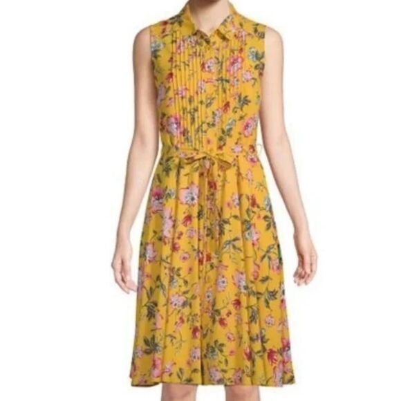 Nanette Lepore Yellow Pink Floral Pleat Chest A Line Sleeveless Shirt Dress - Picture 1 of 16